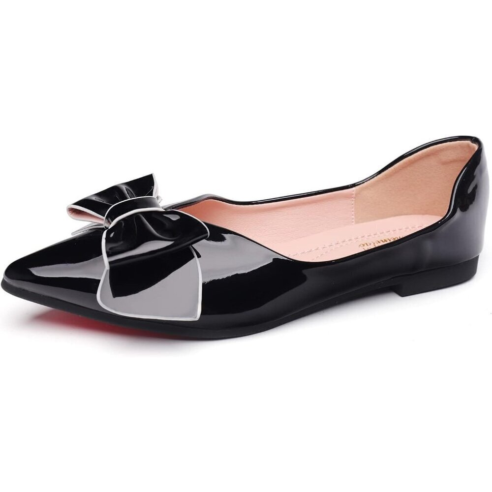 Women Black Artificial lacquer leather Pointed Toe Bow Memory Foam Flats